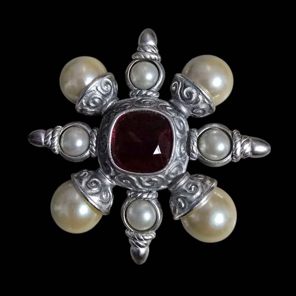 Vintage Maltese Cross Silver Scroll w/ Pearl and Red Faceted Glass Brooch